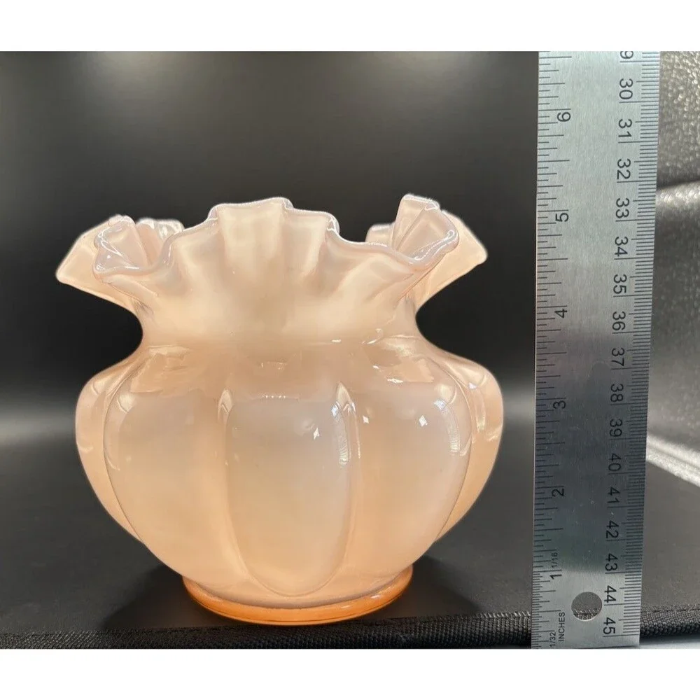 Vintage Fenton Peach Pink Double Crimped Cased Glass Melon Overlay Bowl Vase 6”